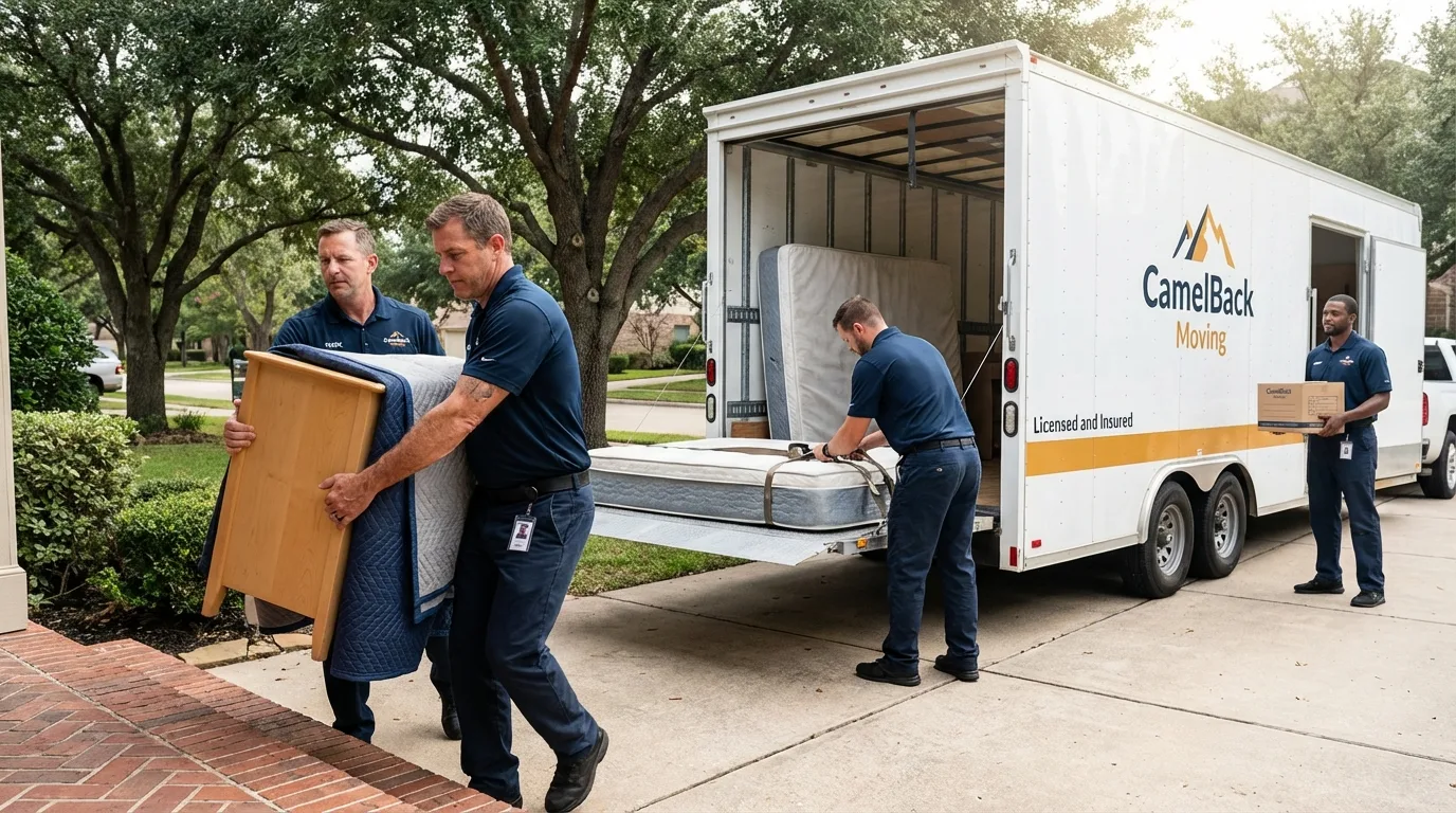 Crew loading residential truck for cross-state move from Monmouth, IL
