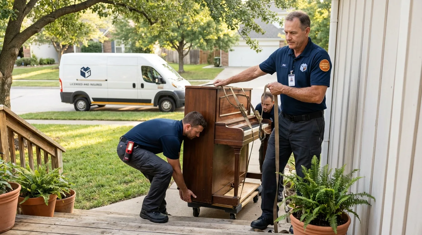 Licensed piano movers securing grand piano in Monmouth, IL