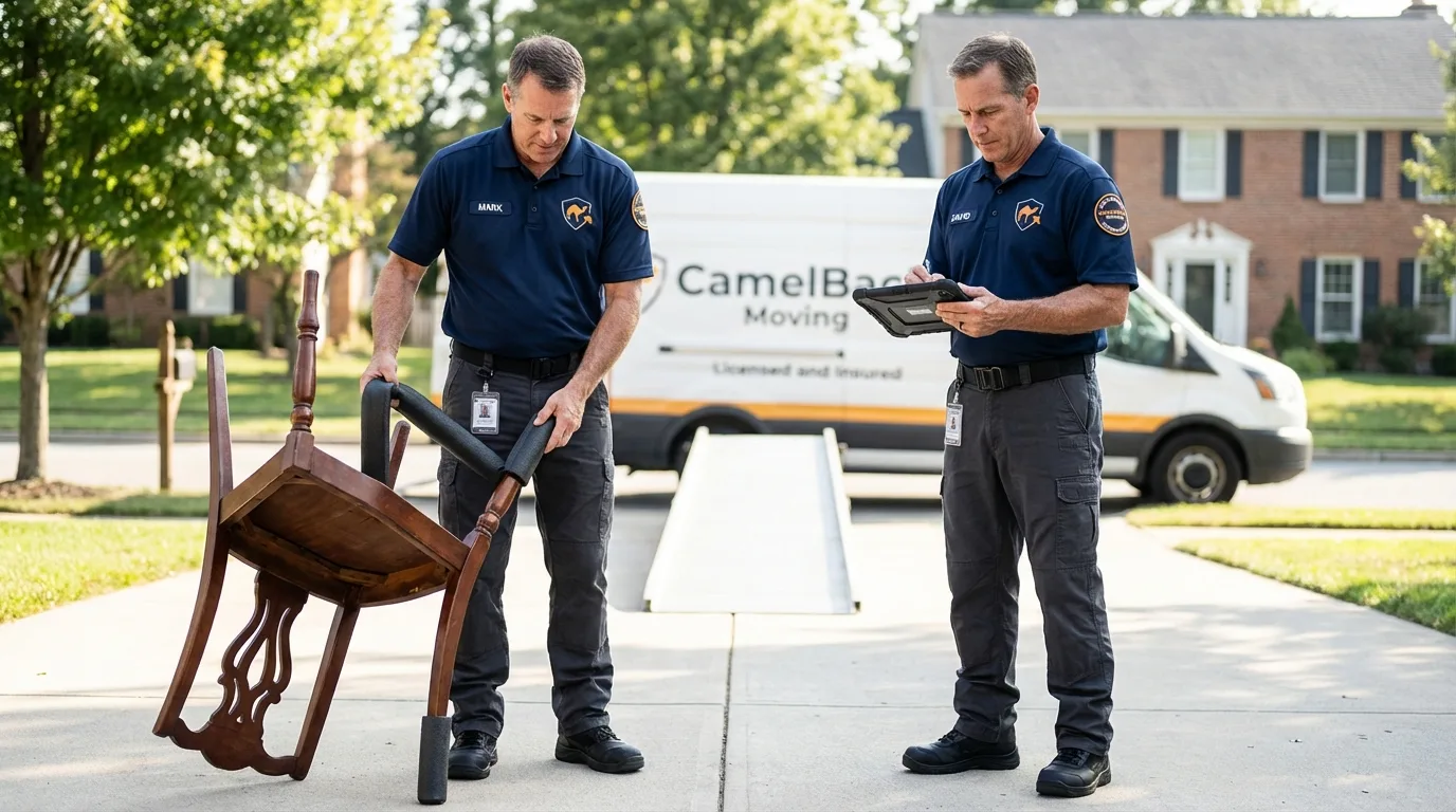 Movers inspecting furniture for damage prevention before loading in Monmouth, IL