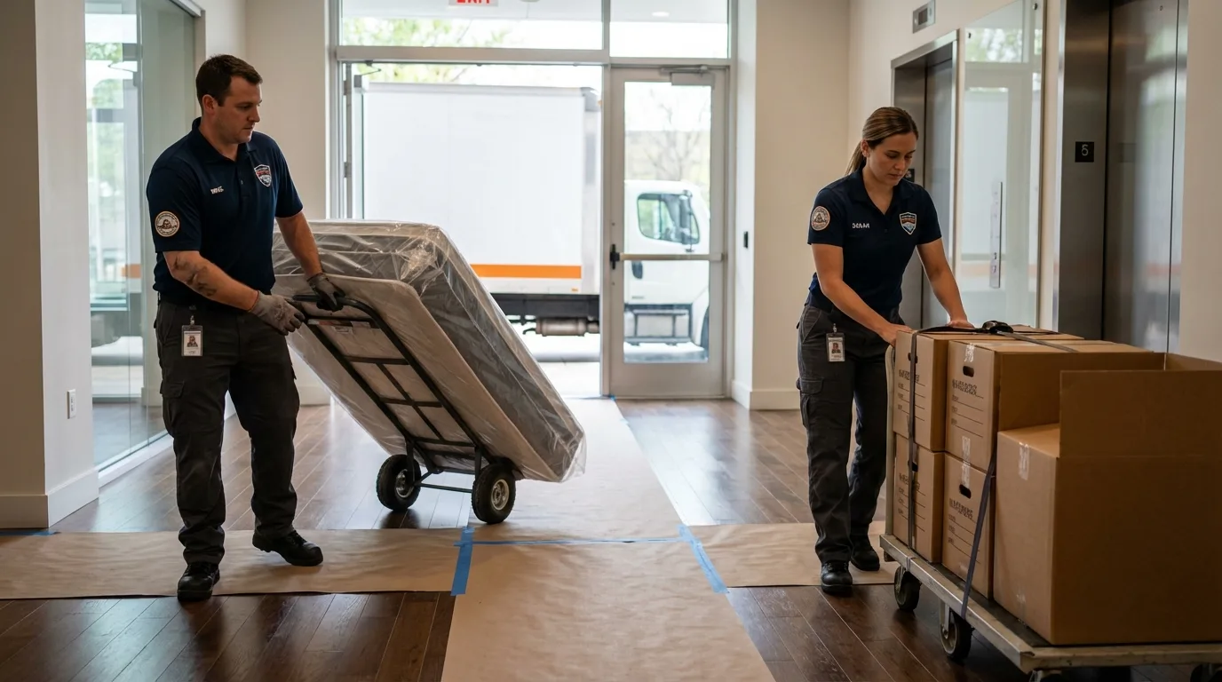 Professional apartment movers loading elevator in Monmouth, IL